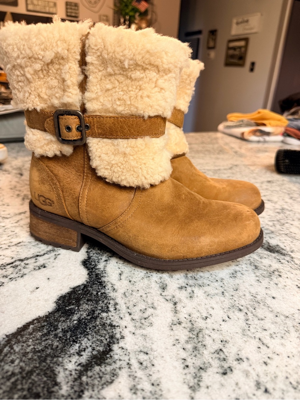 UGG Tan Suede Shearling Buckle Ankle Boots